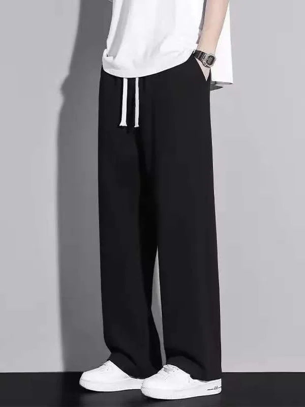 Men's Casual Straight Leg Drawstring Sweatpants Versatile Leisure Long Trousers Student Sports Pants Polyester Fiber Elastic
