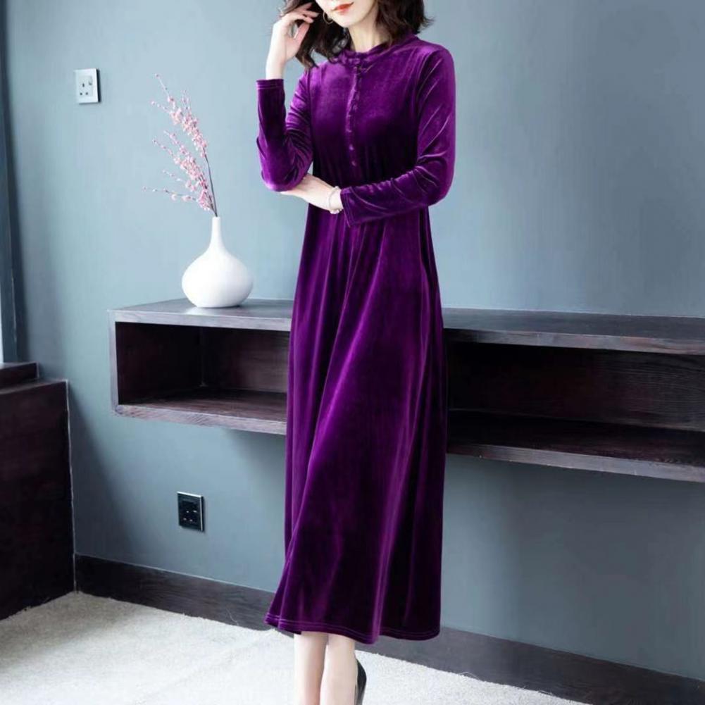 Women Fall Dress Solid Color Loose Long Sleeves Button Maxi Dress Keep Warm Velvet Mom Spring Dress Women Clothes