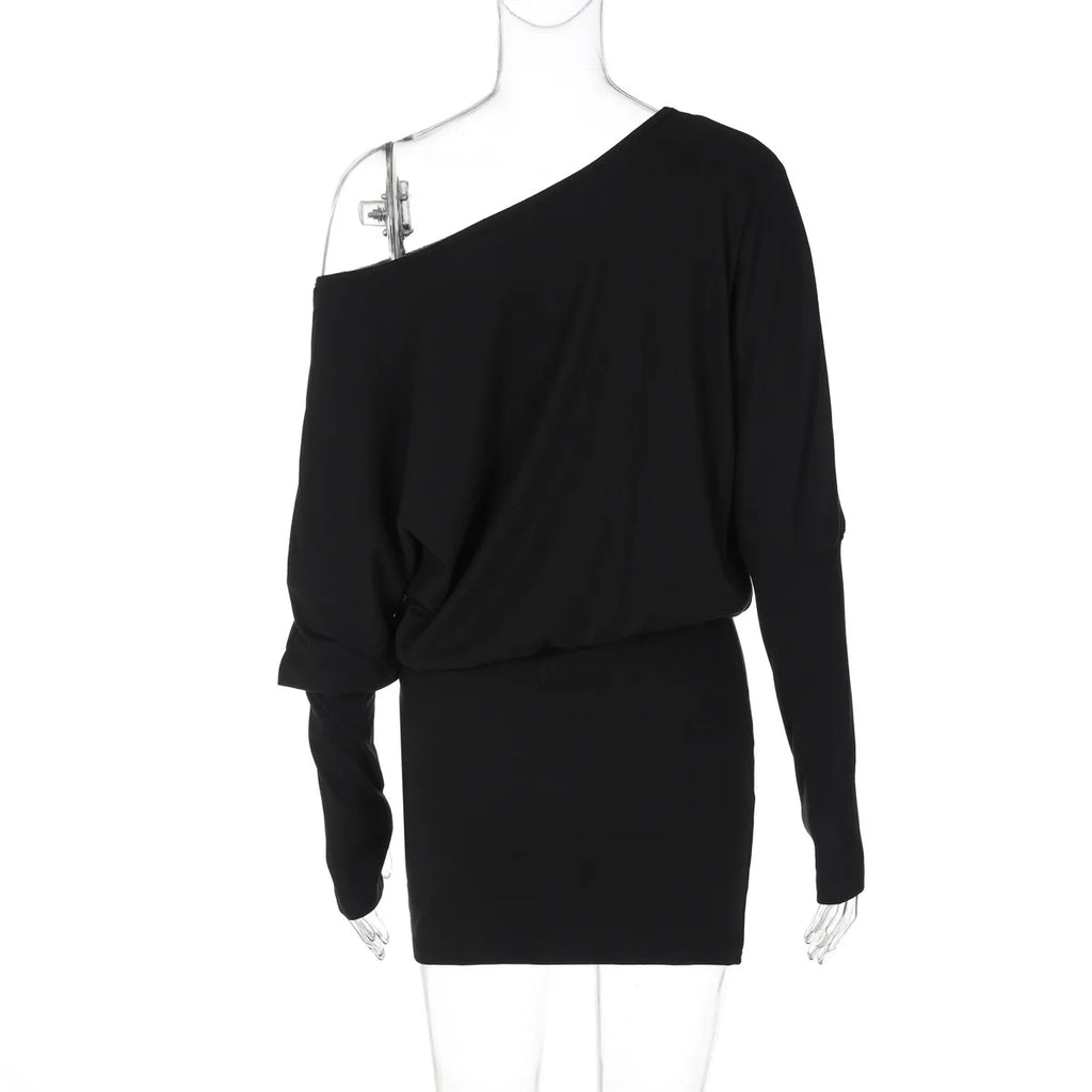 Women's Off-Shoulder Mini Dress Long Sleeve Oblique Neck Bodycon Sexy Short Fashion for Party Club Fall Winter