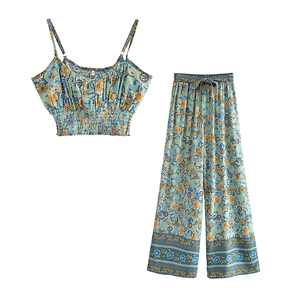 Vintage Chic  Women Floral Print Outfits Strap Sleeveless Tops Bohemian Suits Drawstring Pants 2 Pieces Rayon Cotton Boho Sets