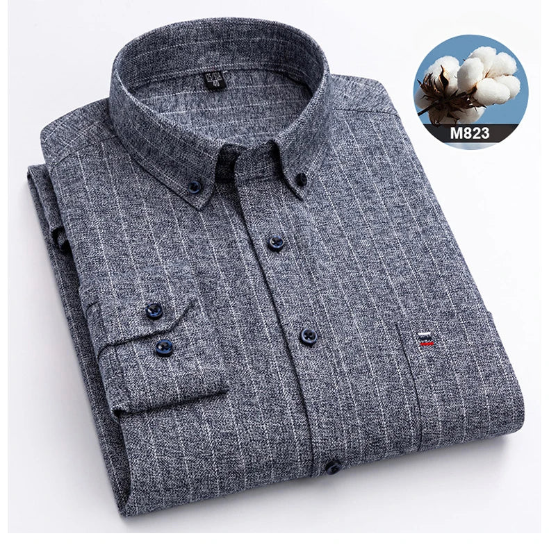 New in ShirtPlus Size 7XL 100% Cotton Sanding Long-Sleeve Shirts for Men Slim Fit Plain Shirt Striped Plaid Single Pocket Clothe