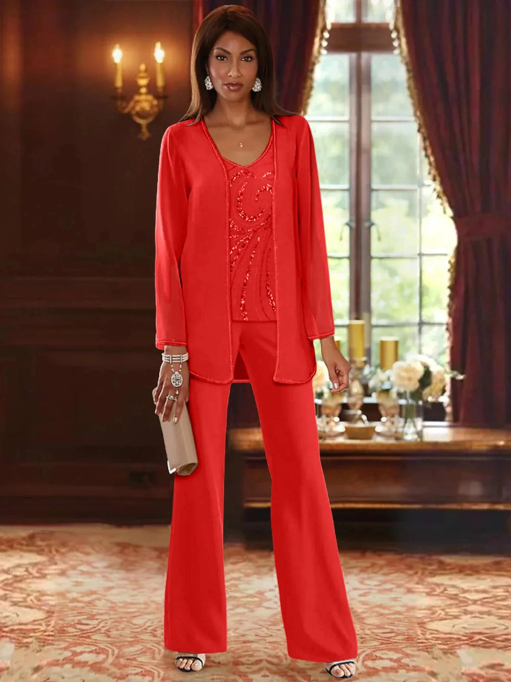 Pantsuit 3 Piece Mother of the Bride Dress Formal Wedding Guest V Neck Chiffon Lace Sleeveless with Beading Sequin 2024