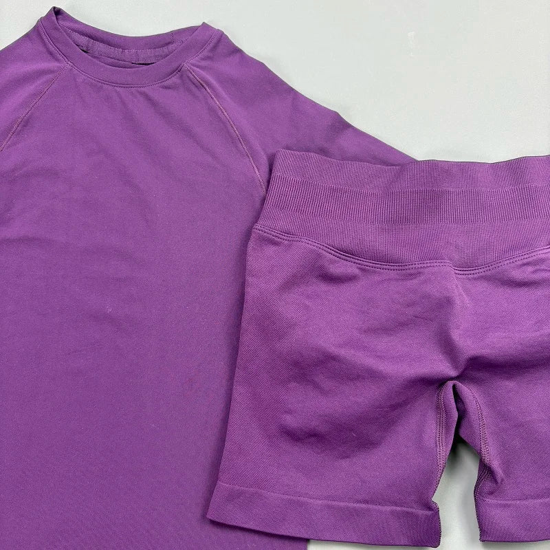 2 Piece Fitness Outfit Women Raglan Long Sleeve Crew Neck Top Hip Shaping Scrunch Shorts Stretch Soft Dance Gym Workout Set