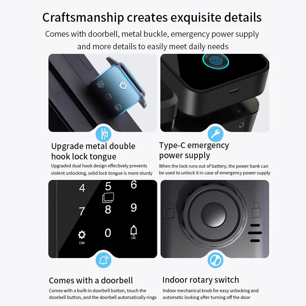 Multifunctional Smart Glass Door Lock Electronic Digit Biometric Fingerprint Tuya App Key Electric Smart Life Digital Door Lock