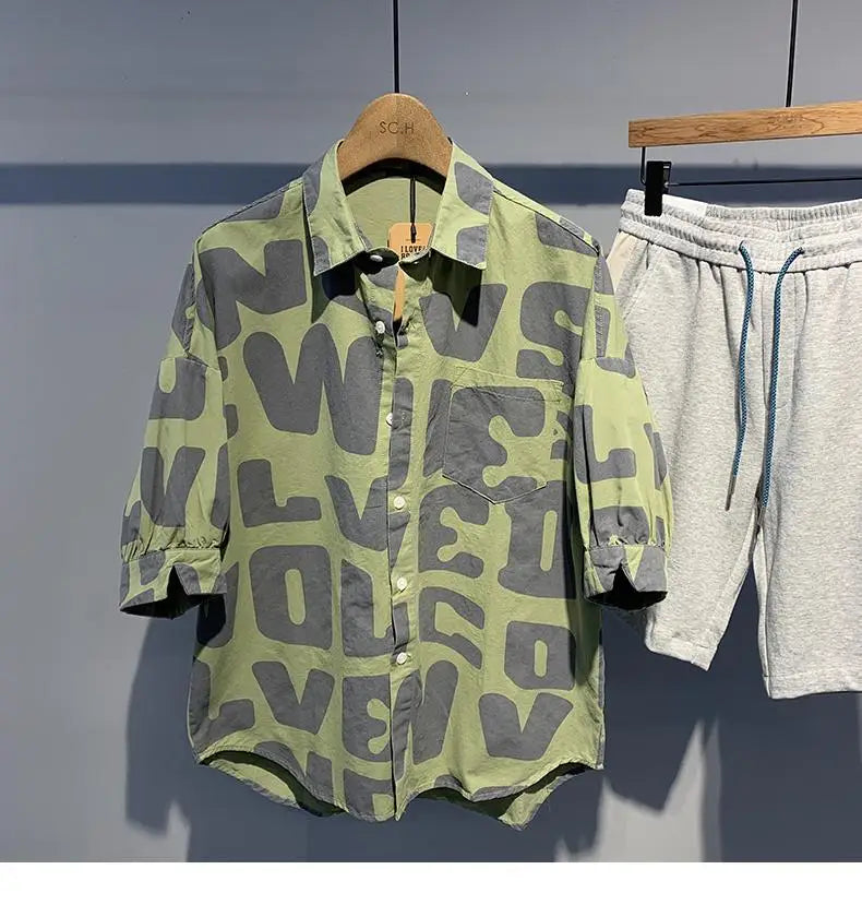 2024 Summer Trendy Men's Fashionable Lapel Full Body Letter Print High-end Versatile Casual Loose Oversized Short Sleeved Shirt