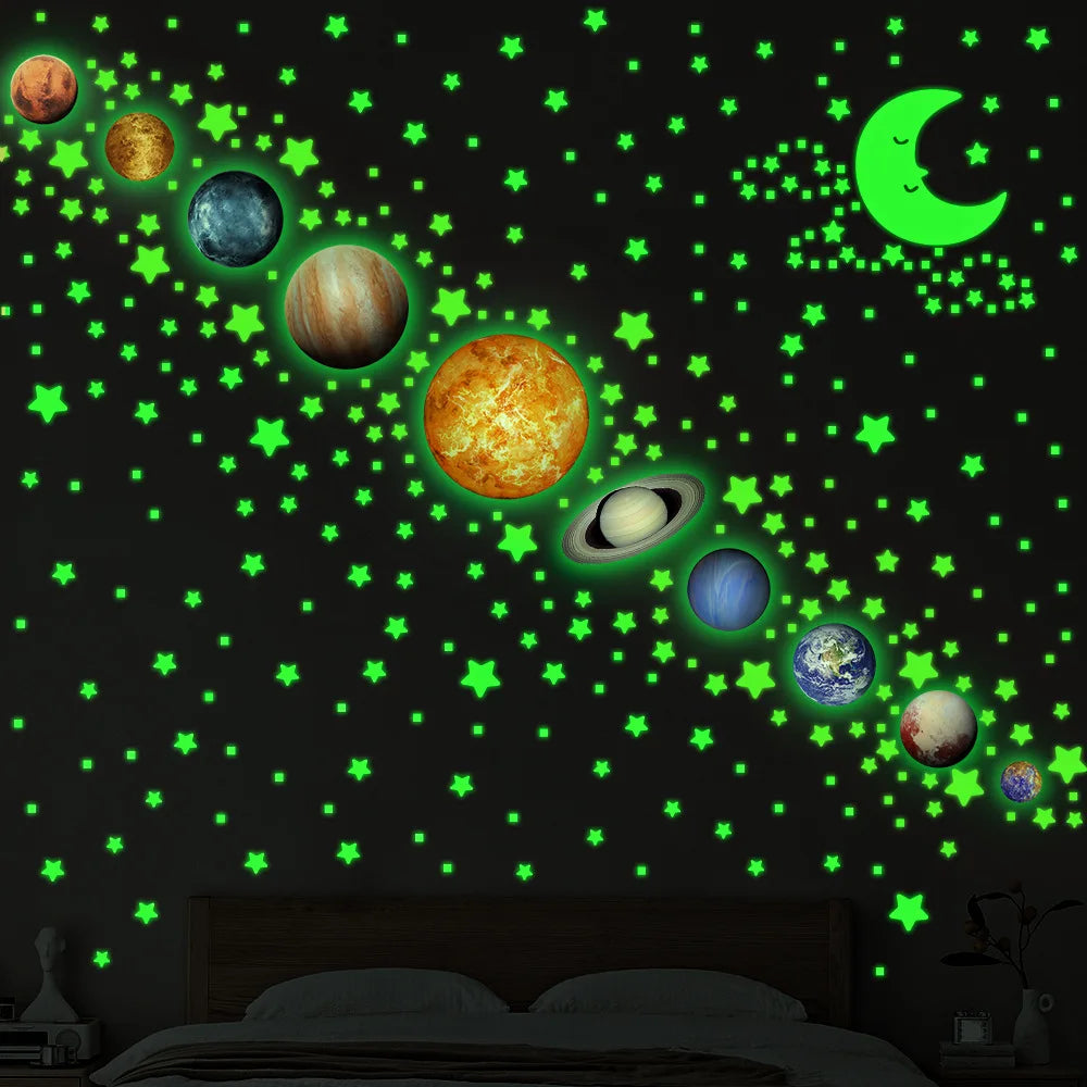 Glow in The Dark Planets Wall Stickers Kids Bedroom DIY Luminous Stars Decals Mural Self-adhesive Room Ceiling Aesthetic Decor