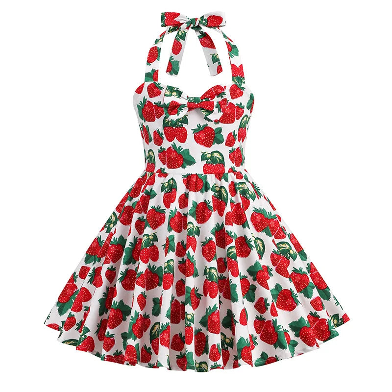 Kids Girls Vintage Halterneck Dress Polka Dots Cherry Strawberry Daily Birthday Party 1950s Swing Dress Summer Princess Dress