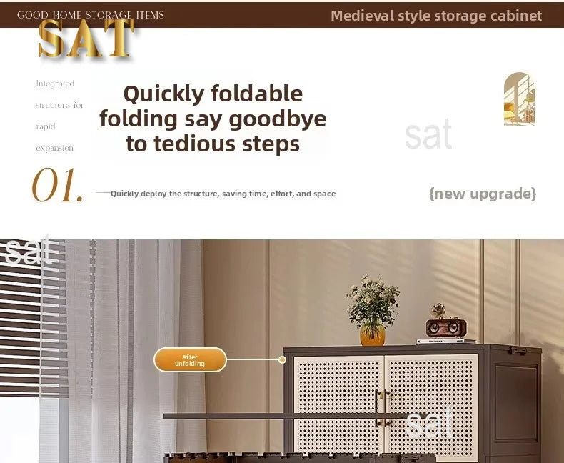 #Retro Storage Cabinet, Tall Wooden Foldable Cabinet for Living Room, Large Capacity Space Saving