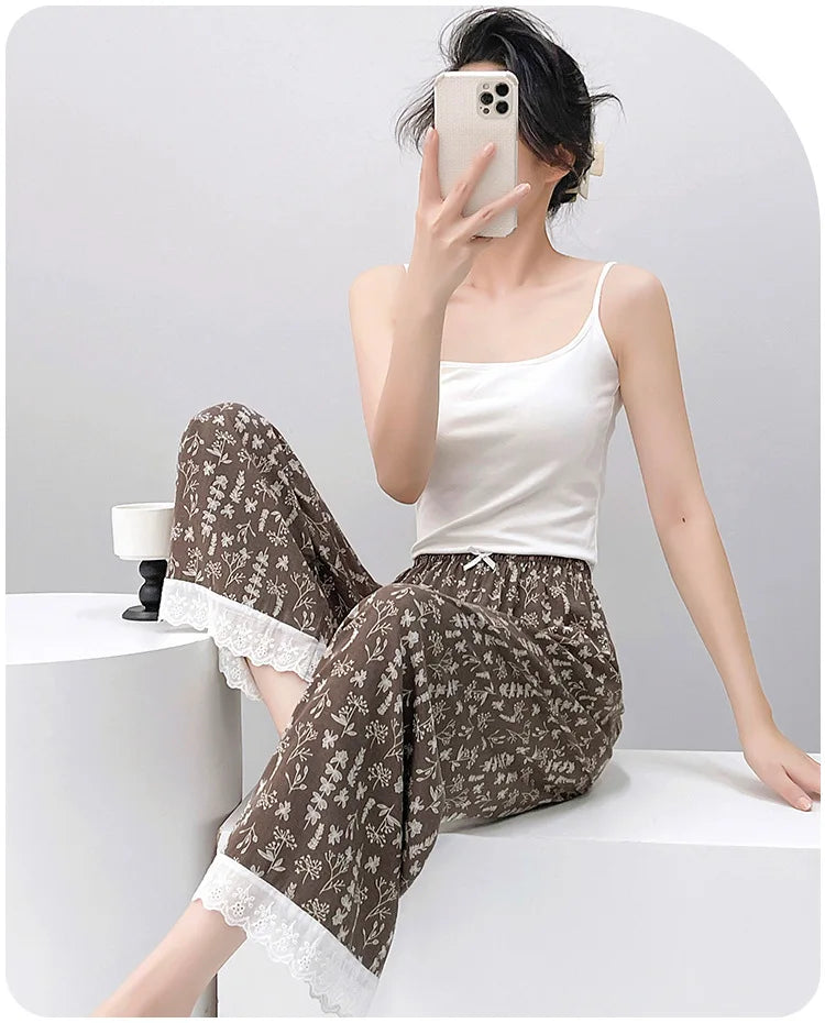 Women Pajama Printed Loose Night Bottoms Viscose Pants Female Outwear Pants Loungewear Home Pants 2026 New Summer Sleeping Wear