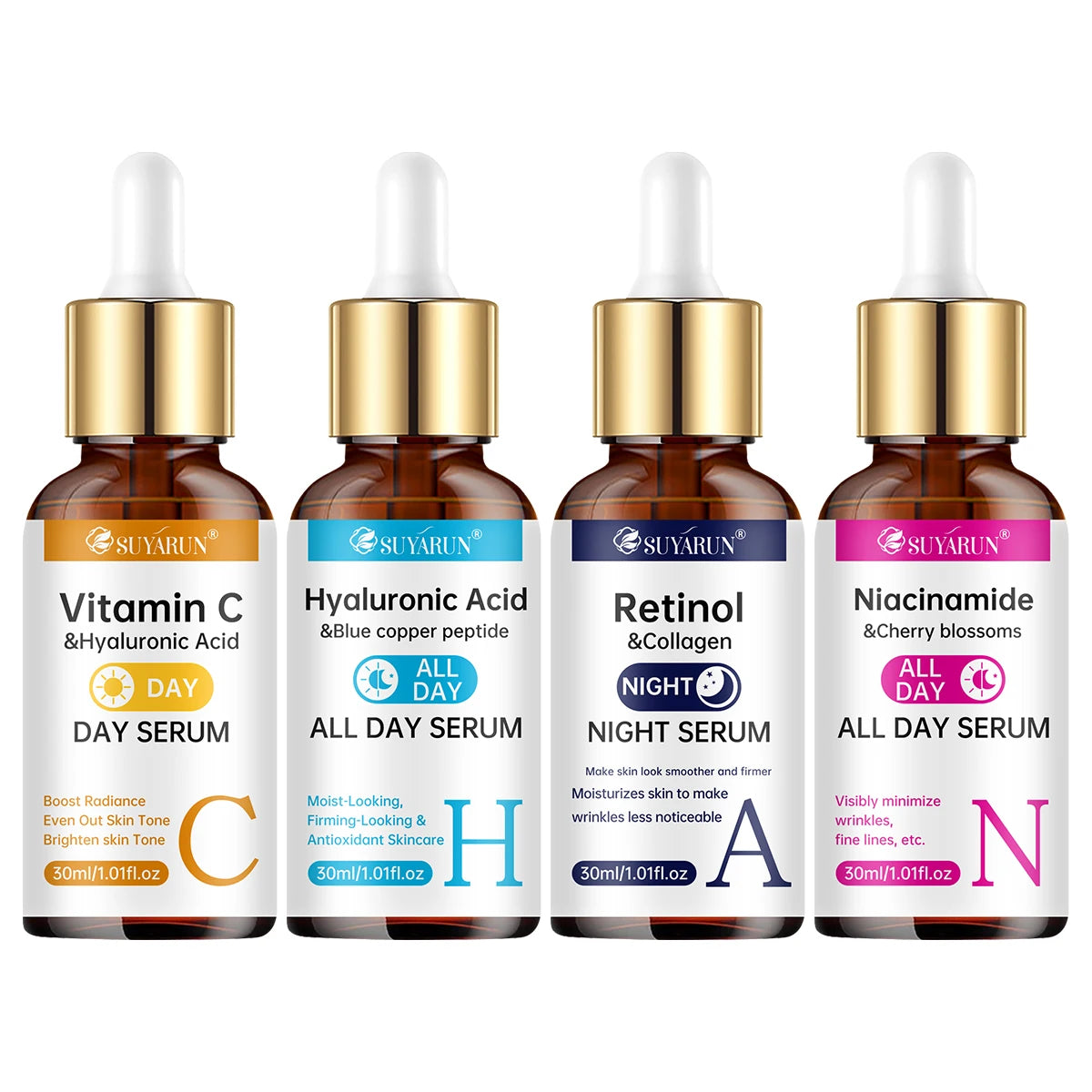 SUYARUN 4-in-1 Face Serum with Retinol, Vitamin C, Hyaluronic Acid & Niacinamide | Anti-Aging, Brightening, Hydrating