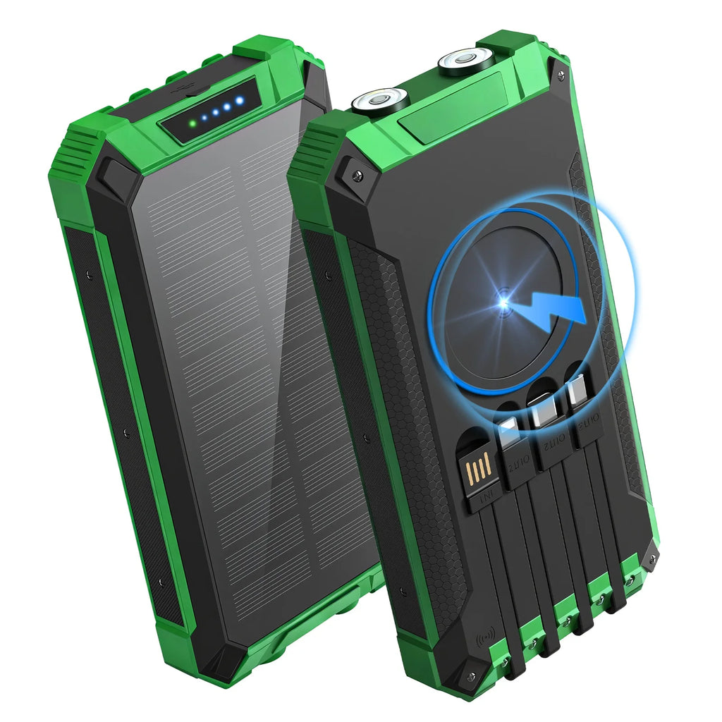 20000mAh Portable Solar Power Bank Dual LED Lights 4 Built-in Cables Fast Charging for iPhone Android Phones AirPods