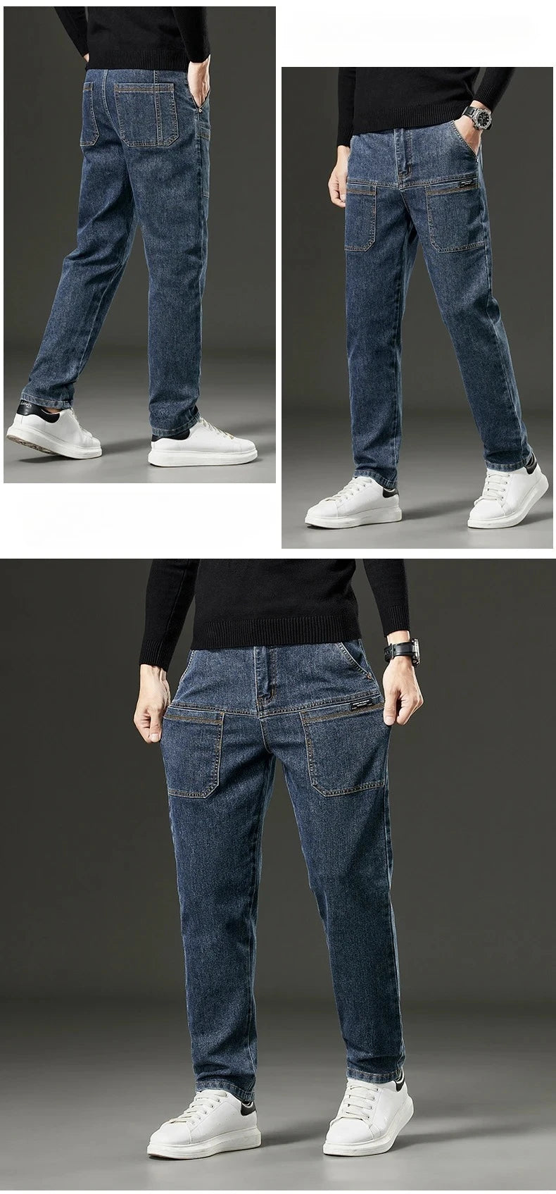 6 Pocket Design Denim Jeans Men's 2025 New High Elasticity Denim Casual Trousers Straight Male Pants Fashion Mid-waist Jeans