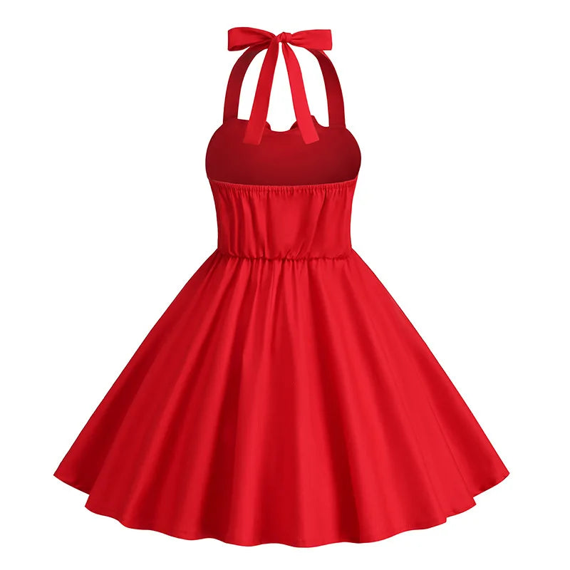 Kids Girls Vintage Halterneck Dress Polka Dots Cherry Strawberry Daily Birthday Party 1950s Swing Dress Summer Princess Dress