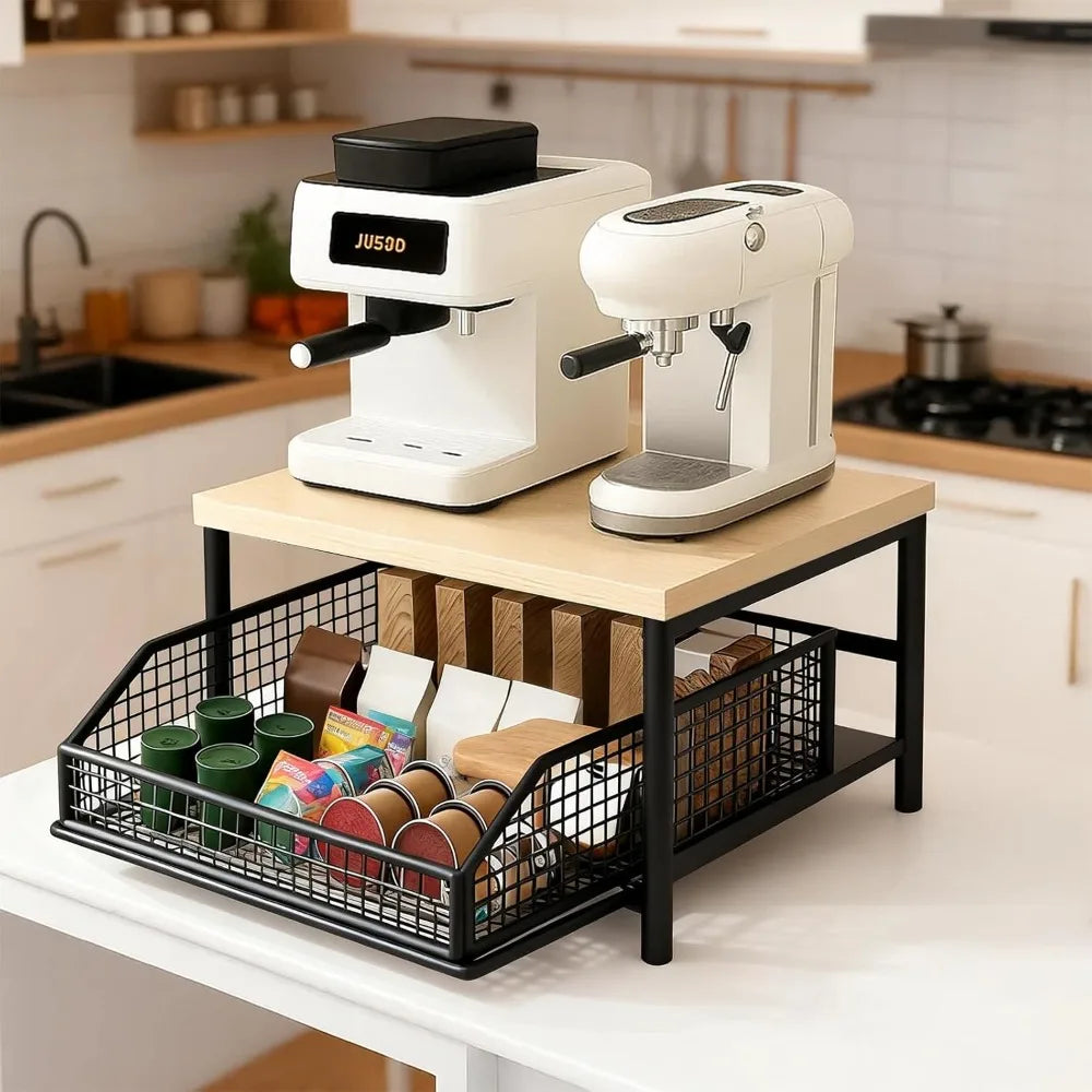 Double-Layer Kitchen Countertop Storage Rack Organizer with Drawers for Tableware Spices Coffee Condiments Space Saving