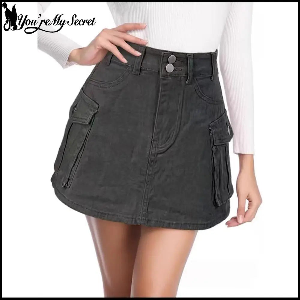 Sexy Women High Waist Cargo Denim Mini Skirt Double Button Multi Pocket A Line Short Skirt Y2K Streetwear Casual Jean Dress