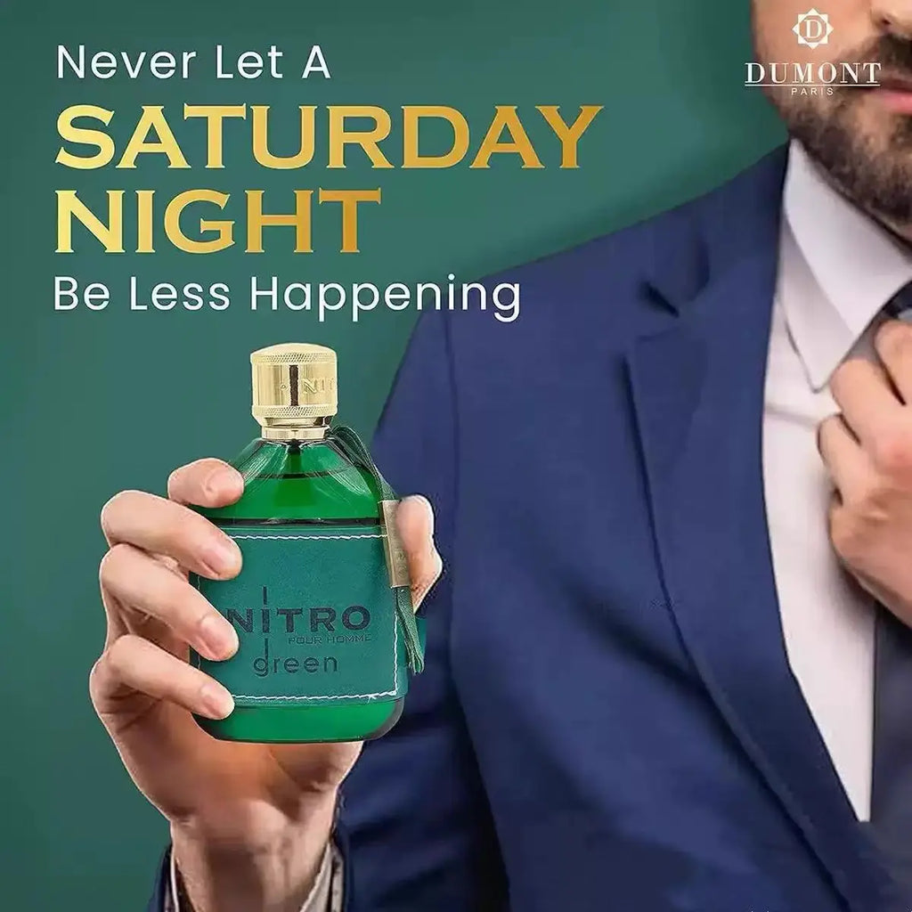 DUMONT NITRO GREEN men's perfume is a fresh wooden fragrance, with cedar, sandalwood and musk, calm and elegant, green and gold packaging, high class atmosphere, showing a gentleman's style.