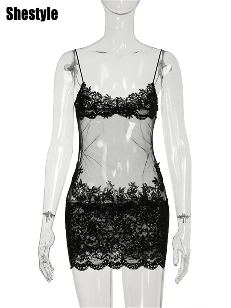 Shestyle Lace Transparent Mini Dress Sexy Women Wrapping Spaghetti Embroidery Flower Sheath Nightwear Club Mesh Wave Fantacy