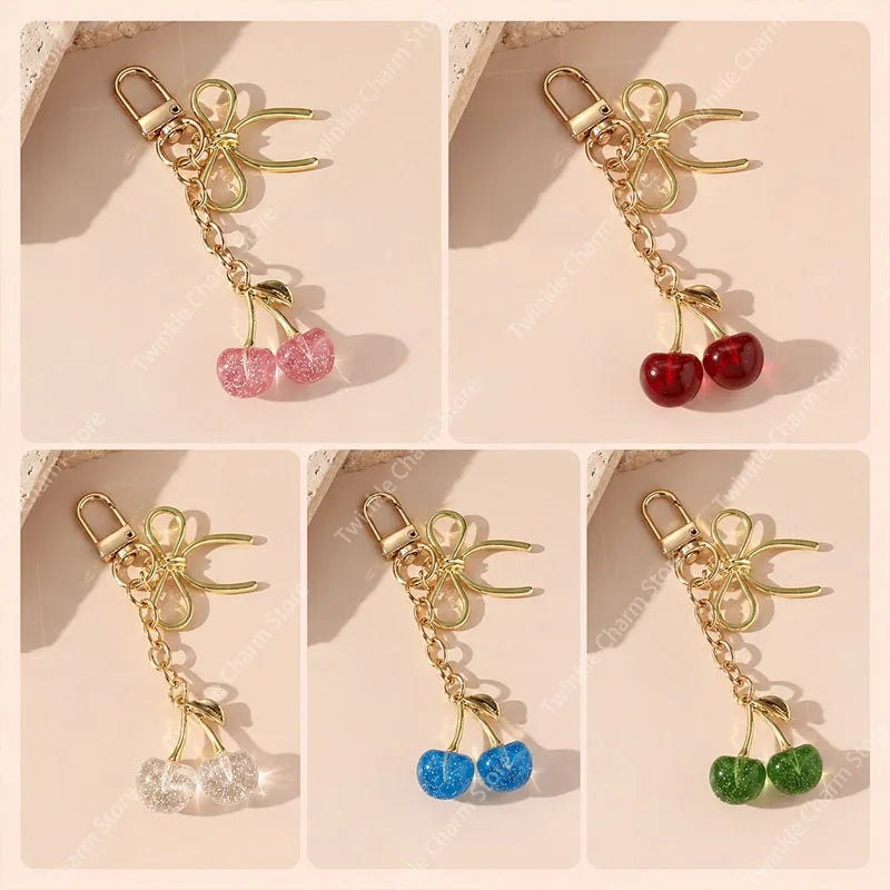 Classic Red Cherry Bow Pendant Keychain for Women Bag Decoration Car Key Chain Fashion Key Rings Party Gift Keychain Accessories