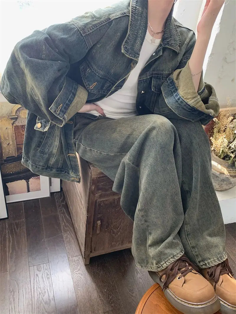 Vintage Washed Denim For Women Loose Fit Street Style Casual Biker With Retro Spring Autumn Layering Outerwear