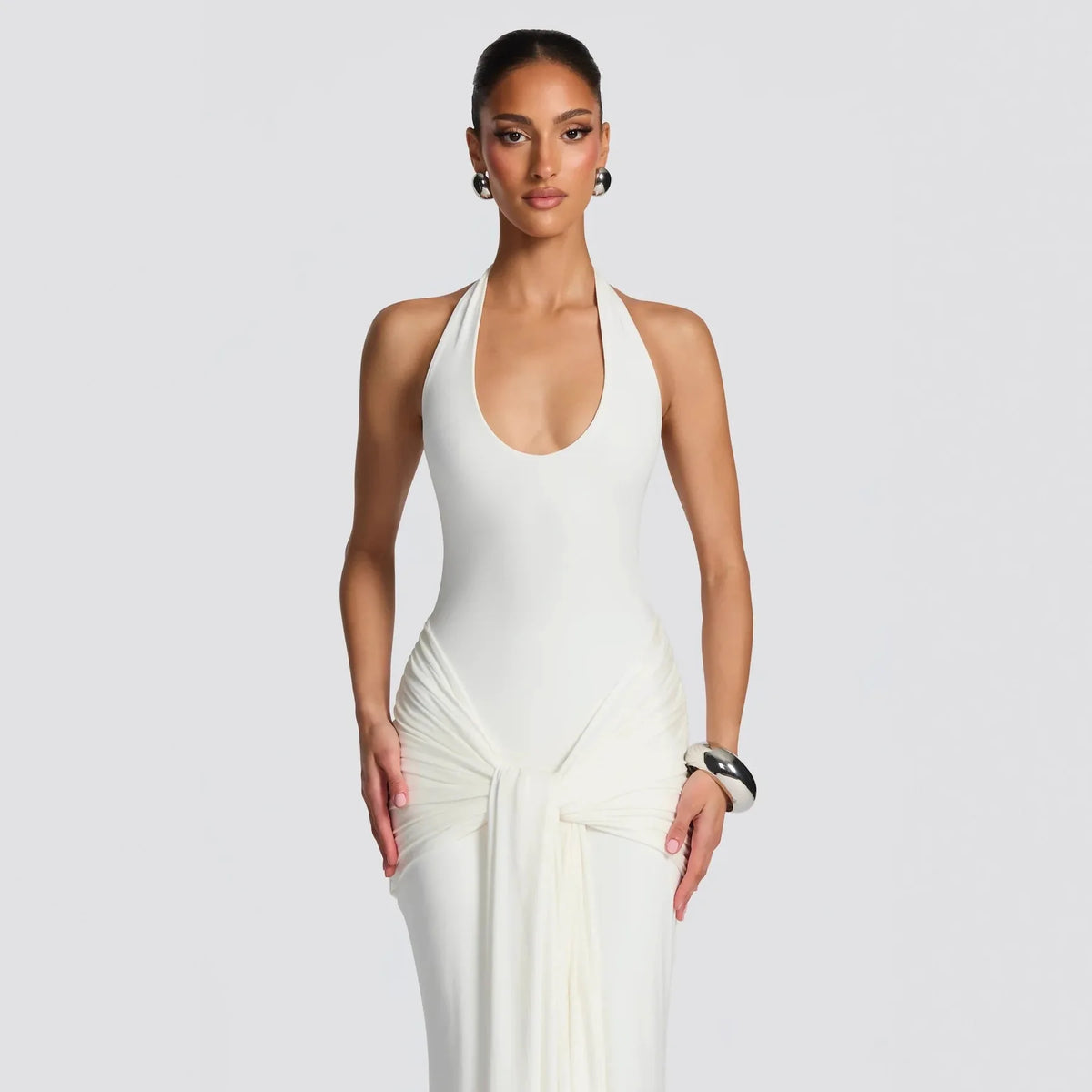 Stylish Lady Elegant Halter Neck Maxi Dress 2026 Summer Women White U-Neck Ruched Draped Sleeveless Bodycon Formal Party Dress