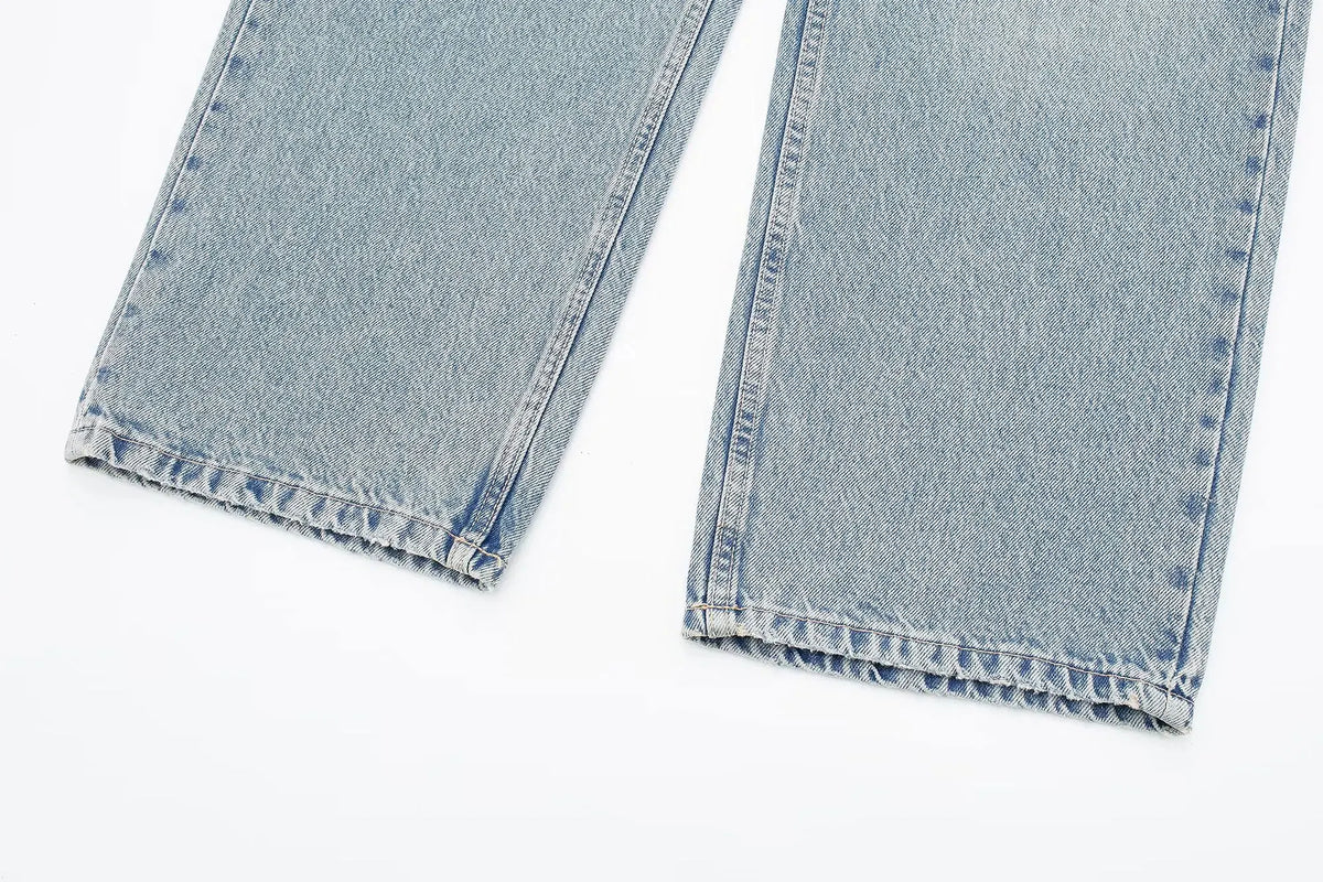 HH 2024 Women's Street Fashion Denim Blue Jeans Distressed Patchwork High Waist Zipper Fly Ripped Retro Long Pants