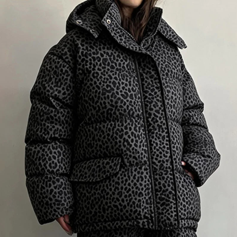 Leopard Print Women's Winter Down Jacket Pant Set Hooded Full Sleeve Zipper Jacket Elastic Waist Pants 2026 Warm Padded Coat Set