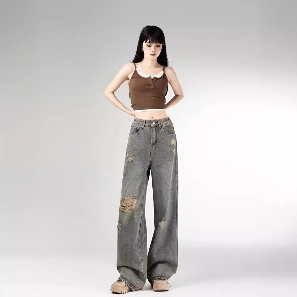Women's Vintage Distressed Jeans High Waist Wide Leg Straight Denim Pants Loose Fit Summer Trousers 2025