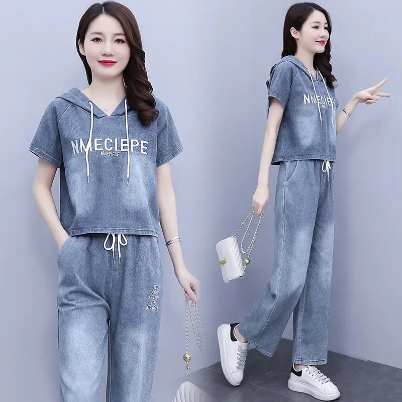 Summer Thin Jeans Set Women Fashion Short Sleeve Hooded Pullover Tops + Elastic Waist Wide Leg Pants 2PCS Female Denim Outfit