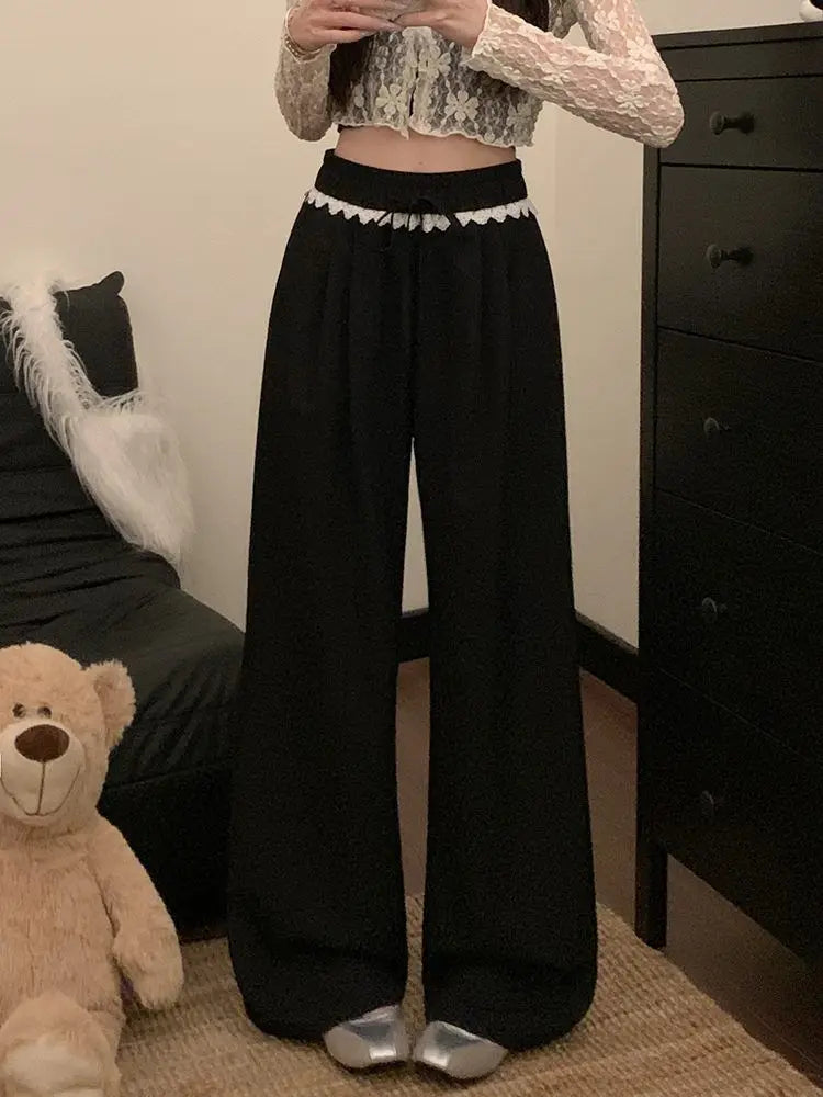 Women Lace Trim Wide Leg Pants Elastic Drawstring Waist Loose Casual Trousers Multiple Colors