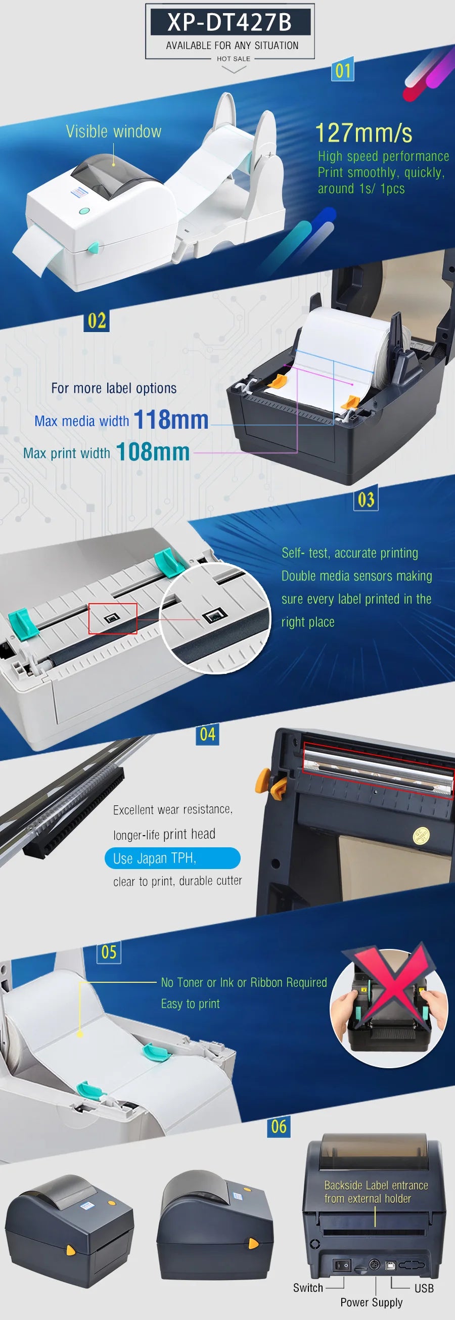 Xprinter XP-480B/DT427B 110mm Adhesive Address Stickers Direct Thermal Barcode Shipping Label Printer