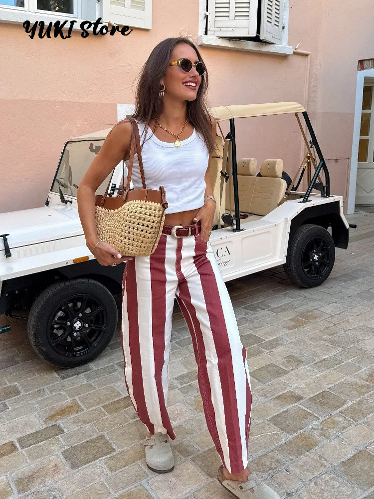 Street Fashion Stripe Women's Pants Zipper Button Pocket Wide Leg Multicolor Vertical Pants 2026 Spring Summer Lady Trousers