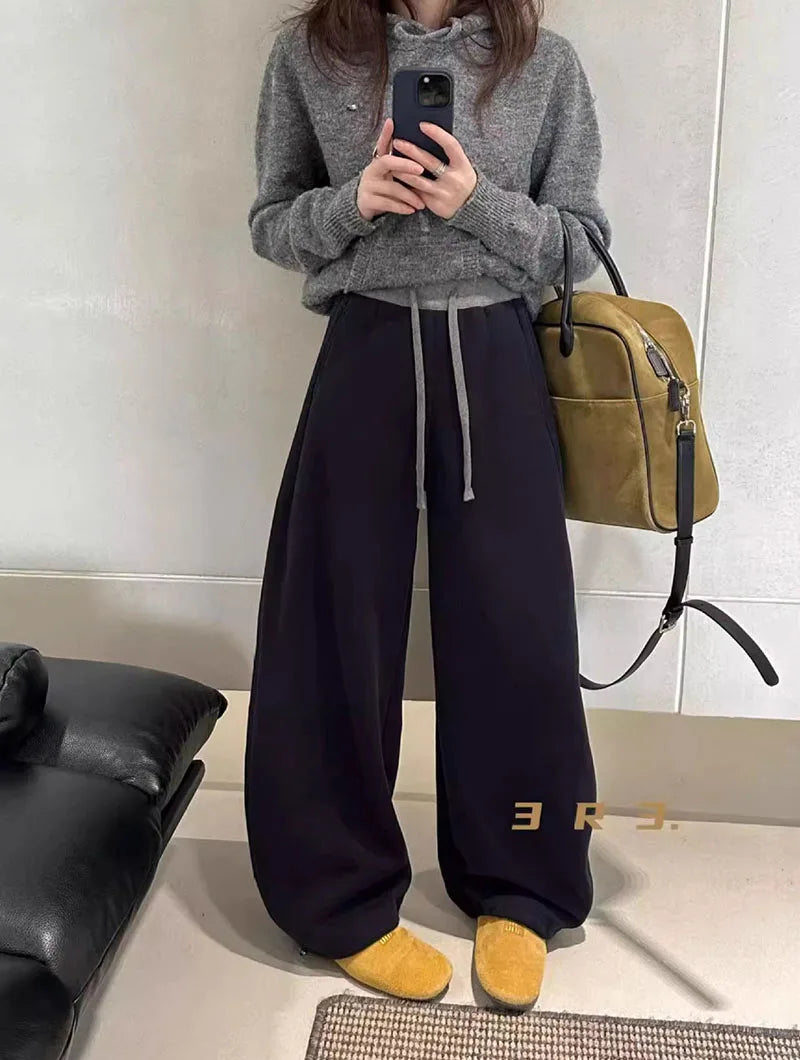 Women Drawstring Baggy Sweatpants High Waist Loose Wide Leg Curved Trousers Casual Soft Streetwear Jogger Pants for Daily Wear