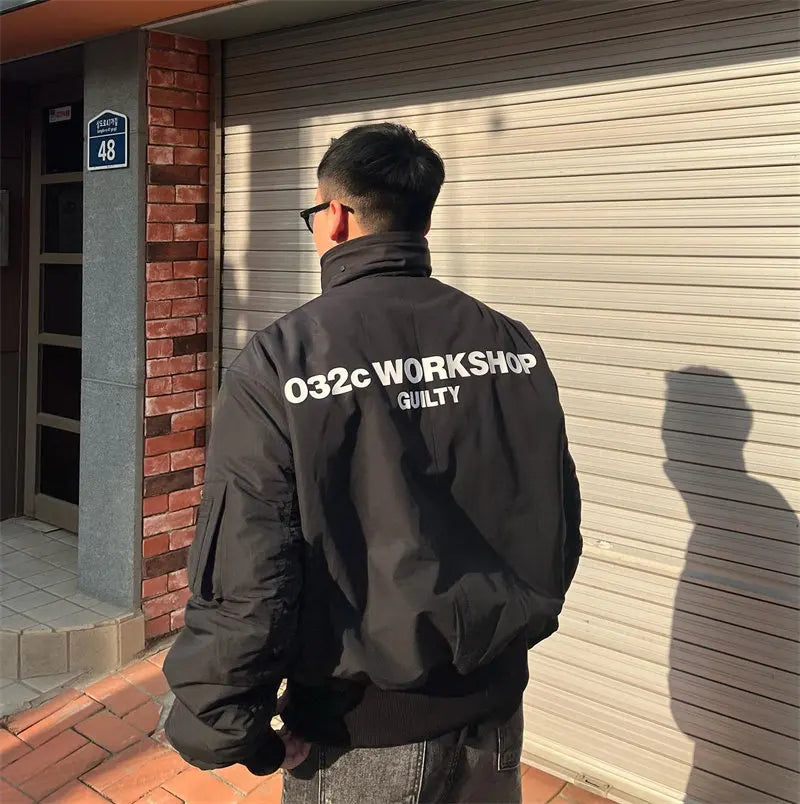 032C black silhouette short wide bomber zip multi pocket jacket