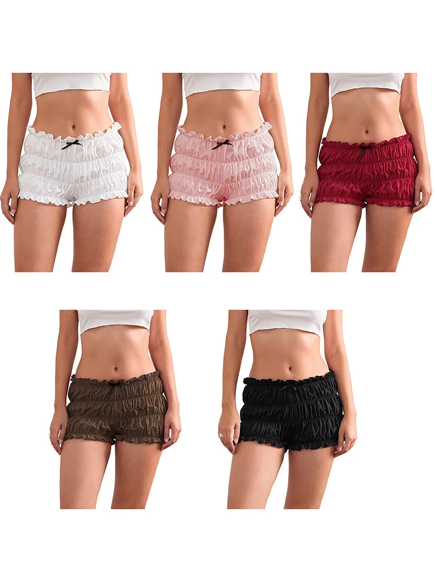 Women Ruffle Shorts Fashion 3D Bow Lettuce Trim Solid Color Elastic Waist Tiered Casual Bloomers Shorts for Summer Daily Life