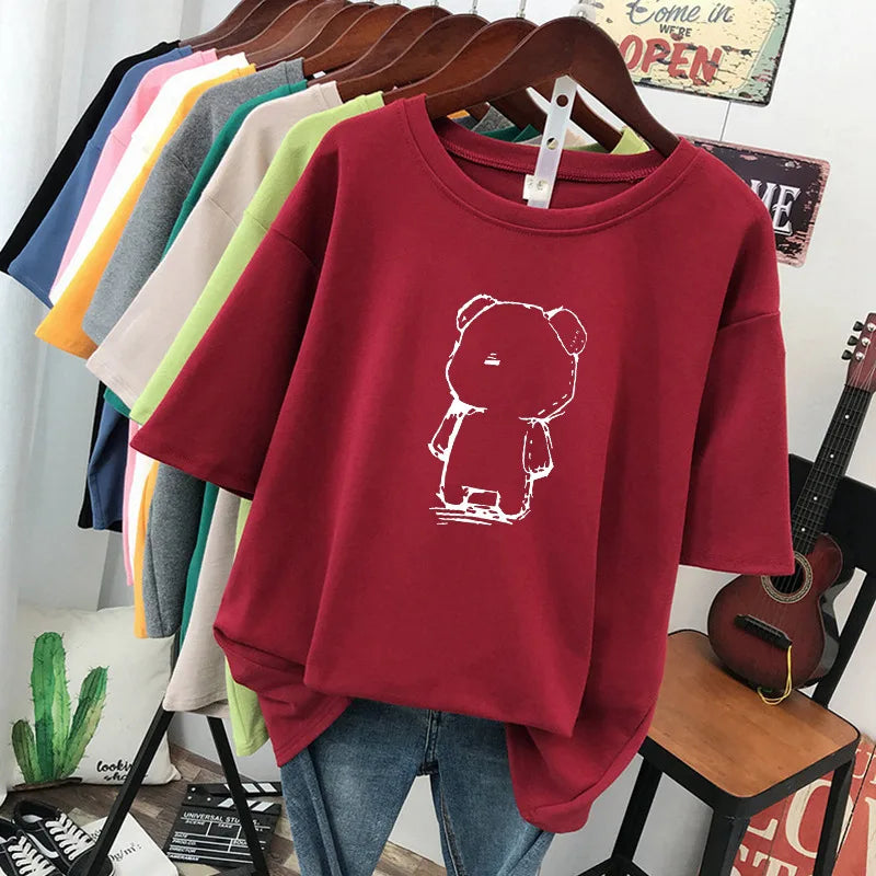 plus Size Women's Cotton T-Shirt Loose Fit Short Sleeve round Neck Print Design Comfortable Casual Style Korean Fashion