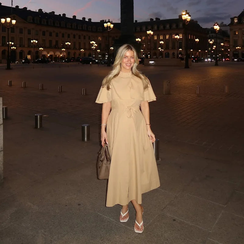 Women's Trench Style Midi Dress Stand Collar Cape Overlay Short Sleeve Belted Waist A‑Line Dresses Autumn Elegant Office Outfits