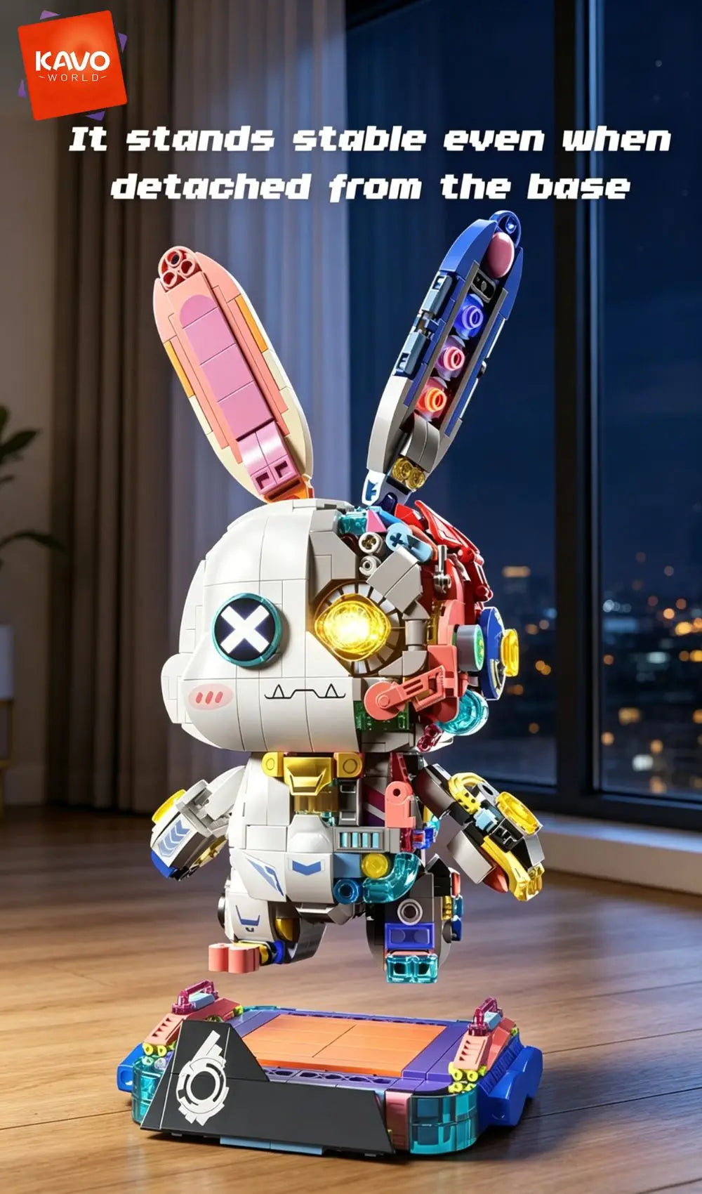 KAVOWORLD 1377PCS Robot Rabbit Building Blocks Set LED Light Up Multi-Point Rotatable Detachable Base DIY Cyberpunk Mecha Building Rabbit Bricks Kit Mechanical Bunny Construction Toy for Home Office Desk Decor Christmas Birth