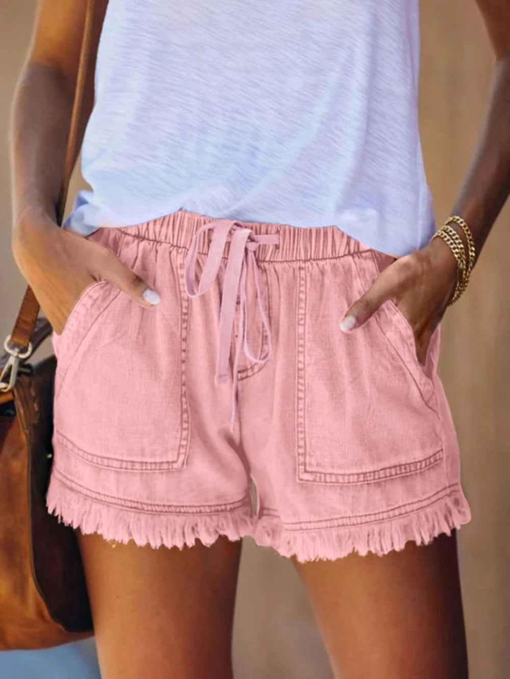 Women’s Denim Shorts Drawstring Elastic Waist Frayed Hem Short Pants Summer Casual Vintage Hottie Girls Loose Jeans with Pockets