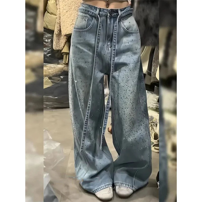 Korean Loose Women Denim Pants 2026 New Autumn Winter Retro Hot Diamond Long Cowboy Trousers Ladies Casual Streetwear Jeans