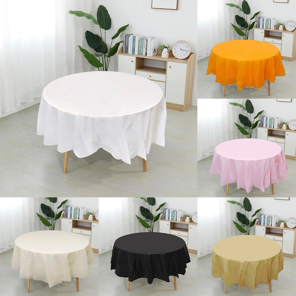 Round Tablecloth White Plastic No Stitch Fabric Elegant Solid Table Cloth for Christmas Birthday Wedding Party Hotel Decoration