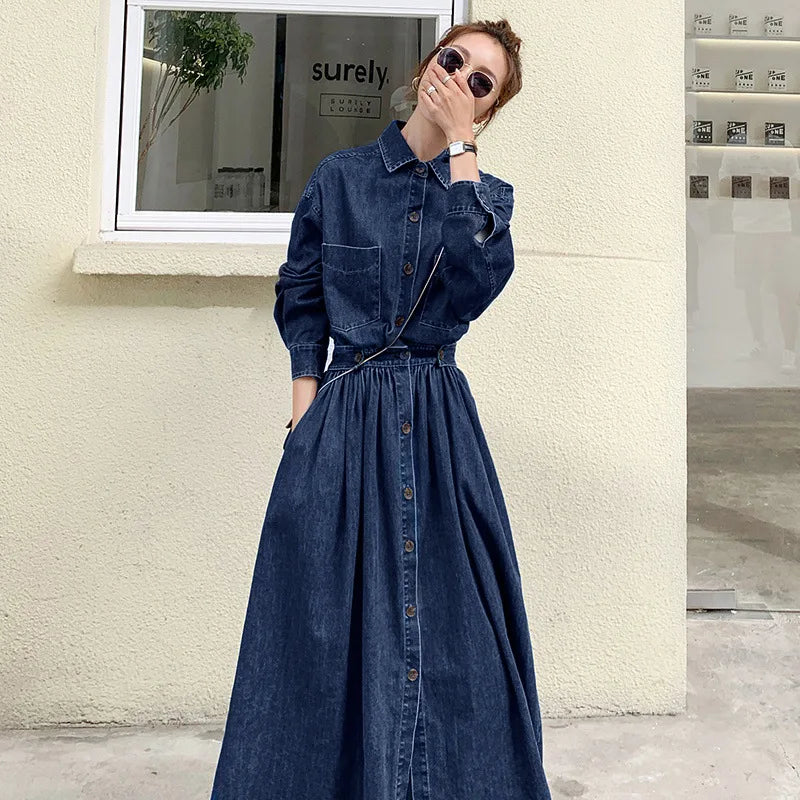 Denim long dress women A-line high waisted long sleeves casual roupas femininas