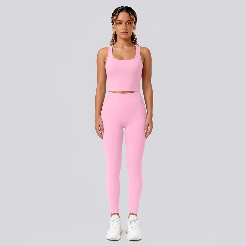 2PCS Solid Color Yoga Set for Woman's Gather Beautiful Back I-shaped Vest Shock-absorbing Running Yoga Tank Top Push Up Pants