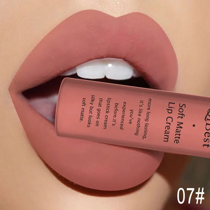 QIBEST Velvet Matte Nude Liquid Lipstick Makeup Sexy Red Lipgloss Waterproof Long-lasting Purple Black Orange Lip Stain Cosmetic