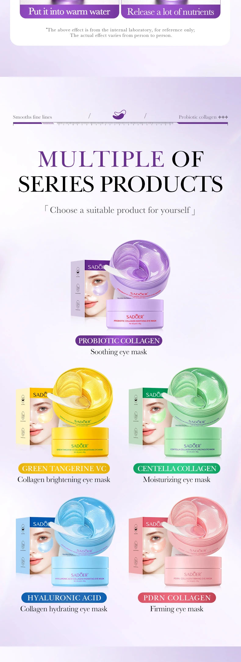 60pcs SADOER Probiotic Collagen Eye Mask Anti-aging Hydration Nourish Eye Skin Anti Dark Circles Smooth Fine Lines Eye Care