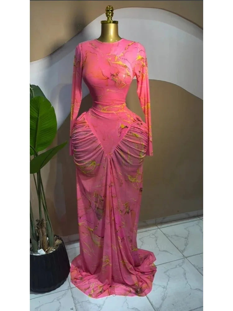 2026 Pink Women Tie Dye Printed Stacked Ruched Long Sleeve Midi Bodycon Maxi Long Dress Birthday Party Education Trendy Dresses