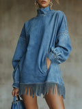 Fashion Retro Denim Tassel Mini Dress High Neck Long Sleeve Pockets Fringe Hem Dress Blue Spring Autumn Party Dress