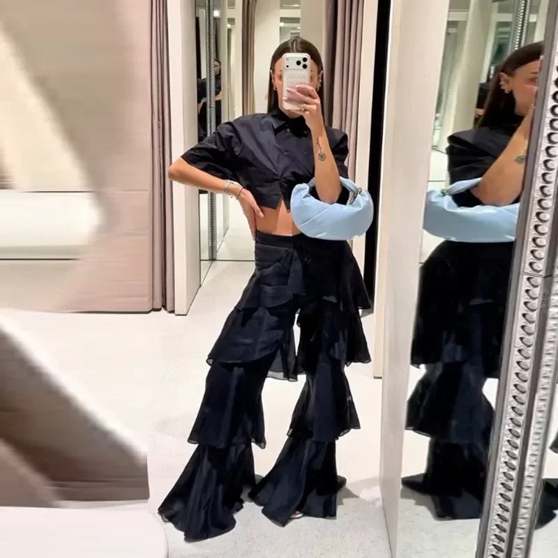 Ruffle Street Cascading Women's Y2k Pants Fashion Elastic Waist Wide-leg Female Trousers 2026 Summer Chic Holiday New Lady Pant