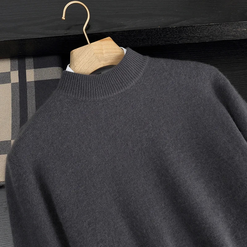 Autumn/Winter Men's 100% Cashmere Pullover Business Casual Solid Knitted Sweater Loose Half High Neck Tops Thick Warm Jumper