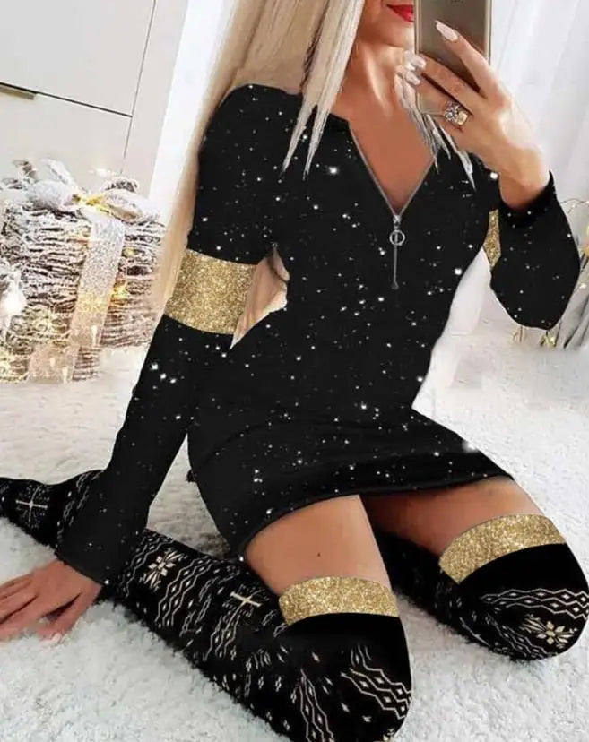 Christmas Women's Dresses 2024 Autumn Long Sleeve Fashion Snowflake Elk Print Casual O-Neck Daily Skinny Mini Dress
