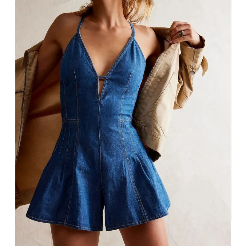 Women's Denim Suspender Playsuits Lace-up Backless Loose Short Jumpsuit For Women Summer Casual Solid Wide Leg Pants